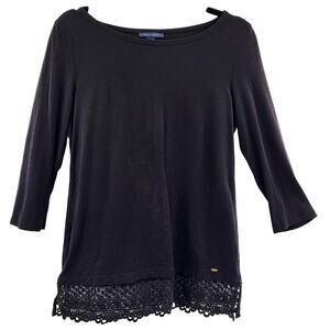 Tommy Hilfiger Black Lace Trim Detail 3/4 Length Sleeve Top Women's Small Petite